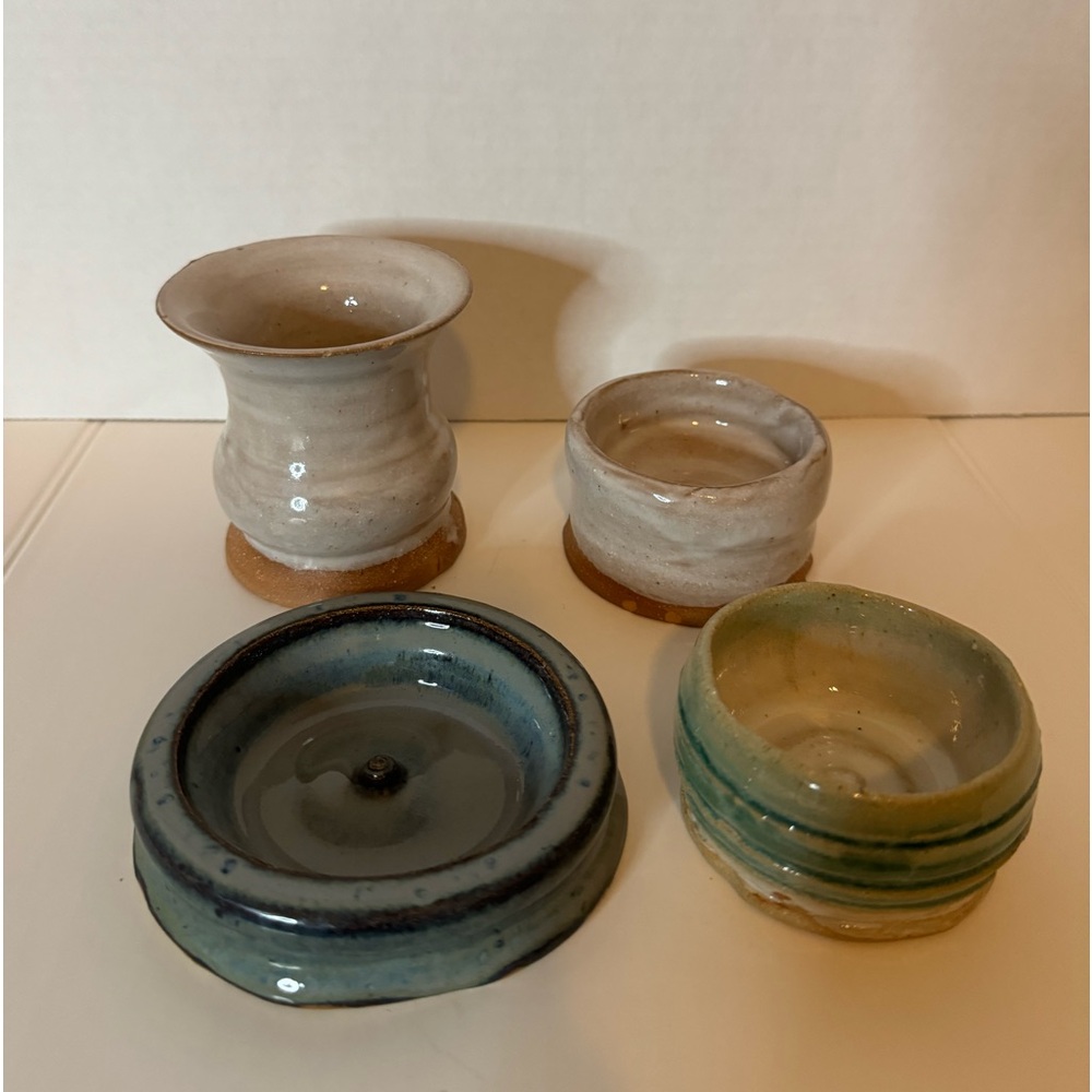 Set of 4 small pottery pieces signed on back “Regina”. Primitive, handmade. (7)